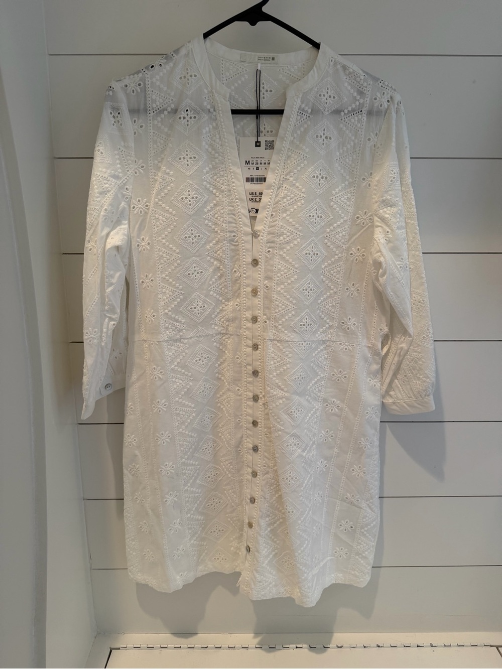 Zara White Eyelet Button-Front Tunic Dress
